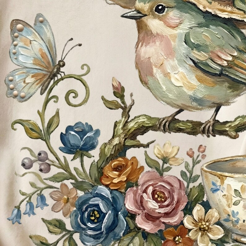 Pu&ograve; includere: Dipinto dettagliato di un uccello posato su un ramo, circondato da fiori colorati e una farfalla. L'uccello ha piume verdi, rosa e gialle. I fiori includono rose blu, arancioni e rosa. Una tazza da t&egrave; &egrave; visibile in basso a destra.
