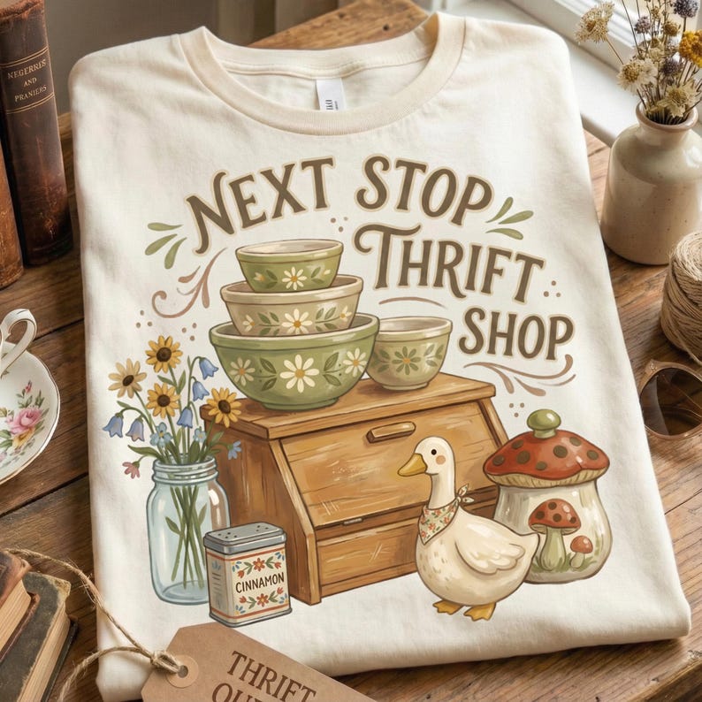 May include: Cream-colored t-shirt with the text "NEXT STOP THRIFT SHOP" and illustrations of bowls, a duck, a mushroom jar, and flowers. The design has a vintage, farmhouse aesthetic.