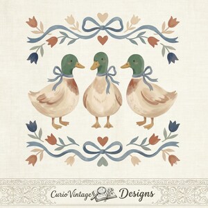 May include: A watercolour illustration featuring three ducks with green heads and cream bodies, each with a blue ribbon. The ducks are framed by a border of blue ribbons, hearts, and floral motifs. The text "Curio Vintage Designs" is at the bottom of the image.