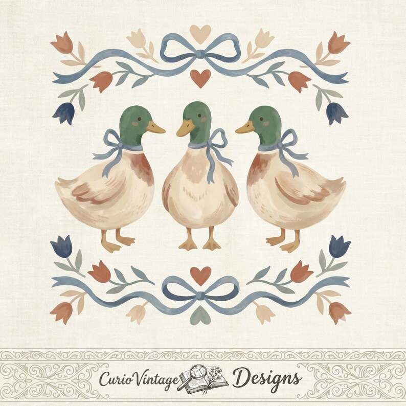 May include: A watercolour illustration featuring three ducks with green heads and cream bodies, each with a blue ribbon. The ducks are framed by a border of blue ribbons, hearts, and floral motifs. The text "Curio Vintage Designs" is at the bottom of the image.