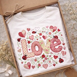 Könnte beinhalten: Weißes T-Shirt mit dem Wort "LOVE" in Patchwork-Design, umgeben von Herzen, Marienkäfern und floralen Akzenten. Das Shirt wird in einer Geschenkbox aus Pappe mit einer Schnur präsentiert.