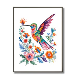 Mexican Botanical hummingbird Wall Art, Cute Folk Art, Mexican Flowers, Tenango Printable Art, Mexican flowers, otomi, hummingbird decor