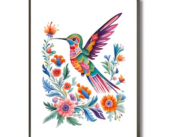 Mexican Botanical hummingbird Wall Art, Cute Folk Art, Mexican Flowers, Tenango Printable Art, Mexican flowers, otomi, hummingbird decor