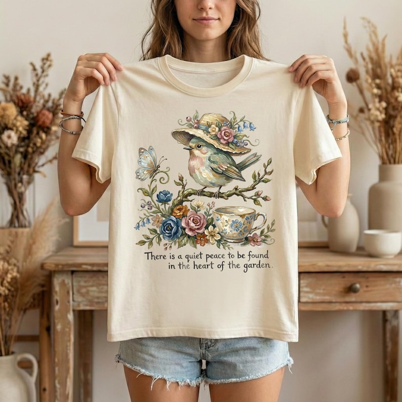 Pu&ograve; includere: T-shirt color crema con un'illustrazione ad acquerello di un uccello con un cappello, appollaiato su un ramo con fiori e una tazza da t&egrave;. Il testo "There is a quiet peace to be found in the heart of the garden" &egrave; stampato sotto.