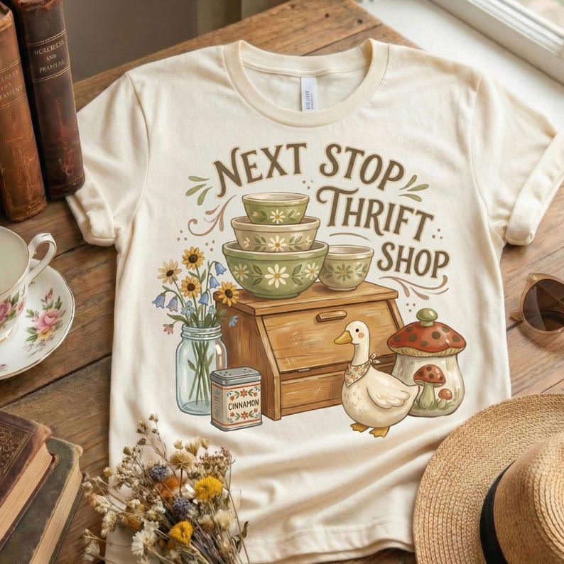 May include: Cream-colored t-shirt with the text "Next Stop Thrift Shop" and a vintage-style graphic. The graphic includes stacked green bowls, a wooden breadbox, a duck, and a mushroom. A jar of flowers and a cinnamon tin are also featured.