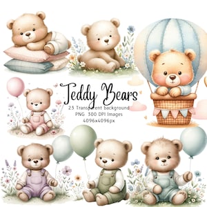 Aquarell Teddybär Clipart Bundle, Teddybär Baby Shower, Baby Geburtstag ClipArt, niedliche Aquarell Baby Bär Clip Art Bundle, Wildblumen