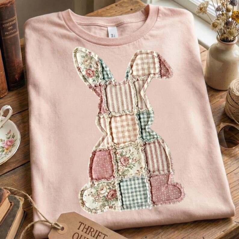 Puede incluir: Una camiseta rosa claro con un dise&ntilde;o de conejo de patchwork. El conejo est&aacute; hecho de varios patrones de tela, incluyendo estampados florales, a rayas y a cuadros en tonos de rosa, verde y crema. La camiseta est&aacute; doblada sobre una superficie de madera.