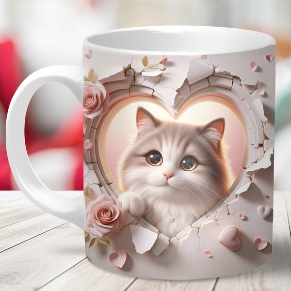 Valentine’s Day hole in the wall mug wrap, cat mug wrap, cat hole in the wall mug wrap, cute Valentine’s Day 3d mug wrap, cat 3d mug wrap