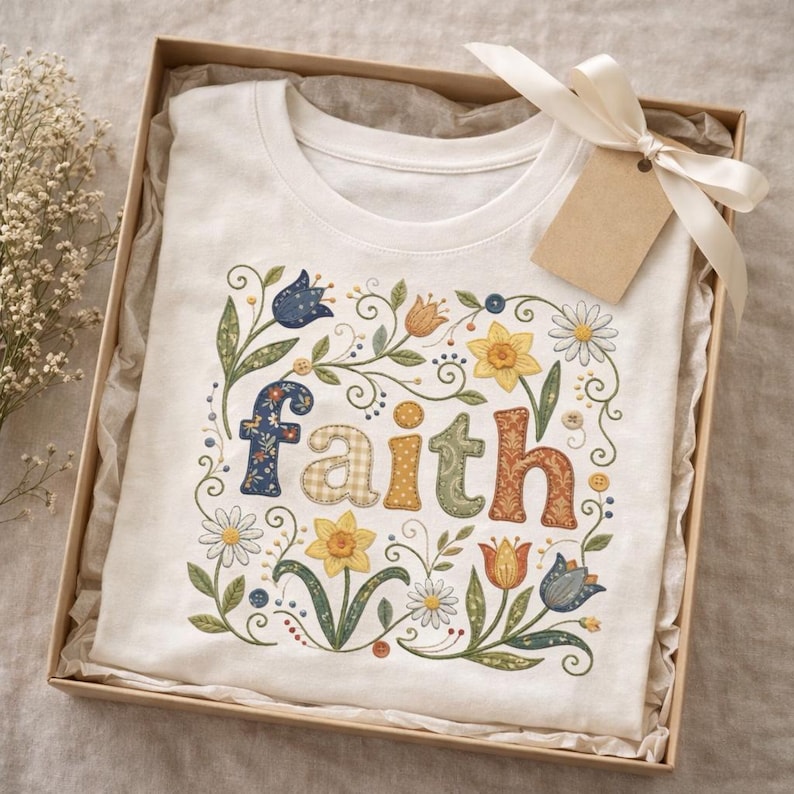 May include: A cream-coloured t-shirt featuring the word "faith" in a floral design, with daisies, daffodils, and tulips. The shirt is presented in a gift box, tied with a ribbon and a tag.