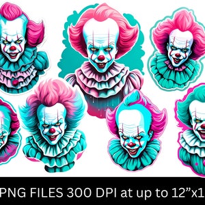 8 PNGs de payaso espeluznante de Pennywise rosa neón y turquesa - Elementos de diseño de pegatinas - Descarga instantánea