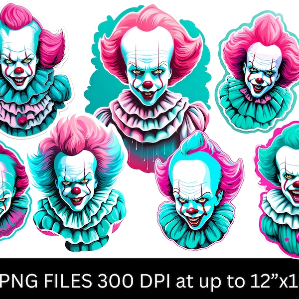 8 Neon Pink & Turquoise Pennywise Creepy Clown PNGs - Sticker Design Elements - Instant Download