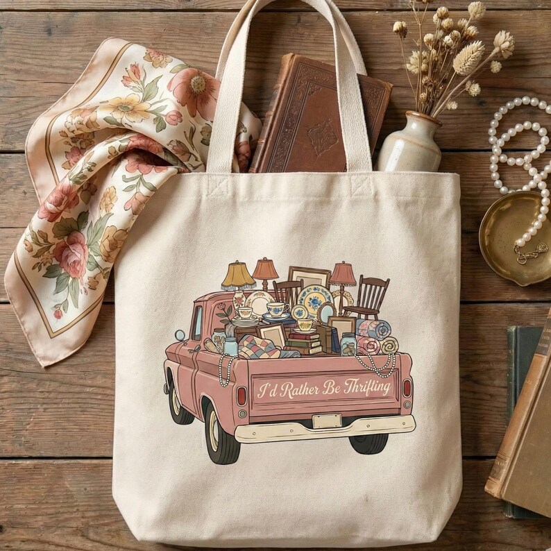 May include: Cream-colored tote bag featuring a pink vintage truck illustration filled with furniture and decor. The truck bed is overflowing with lamps, chairs, dishes, and blankets. The text "I'd Rather Be Thrifting" is printed on the truck. A floral scarf and books are visible.