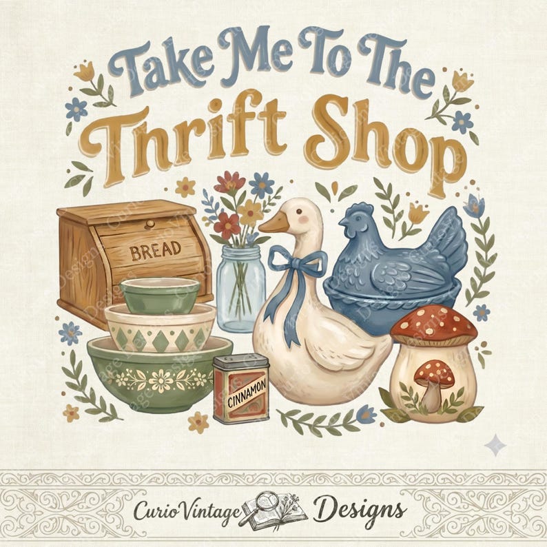 May include: A vintage-style illustration with the text "Take Me To The Thrift Shop." It features a wooden bread box, bowls, a duck with a blue bow, a blue hen, a mushroom, and a jar of flowers. The design includes the words "Cinnamon" and "Bread."
