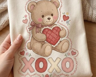 XOXO Teddy Bear Valentine Digital PNG Shirt Design, Vintage thrifted aesthetic, Cute Heart Bear PNG, Instant Download, granny core