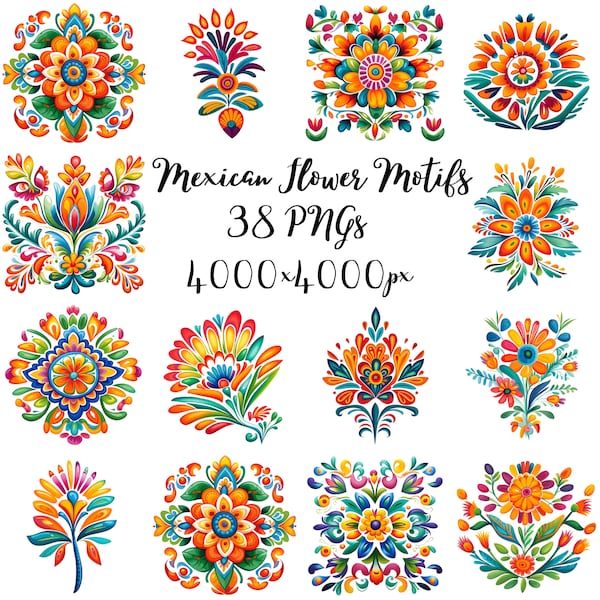 38 Pngs de flores mexicanas aztecas / Flores mexicanas Clip Art / Florales mexicanos / Diseños de flores mexicanas / Florales vibrantes / Uso comercial