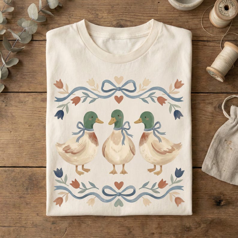 May include: Off-white t-shirt with a watercolour illustration of three ducks, each with green heads and blue ribbons. The design includes a floral border with blue ribbons, red and blue flowers, and hearts. The shirt is presented on a wooden surface.