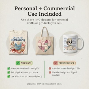May include: Image featuring a t-shirt, tote bag, and mug with unique designs. The t-shirt displays "Home Sweet Homestead" with a bird and kitchen tools. The tote bag has a heart-shaped patchwork design with the word "amen". The mug features a bust wearing sunglasses with the word "Blah".