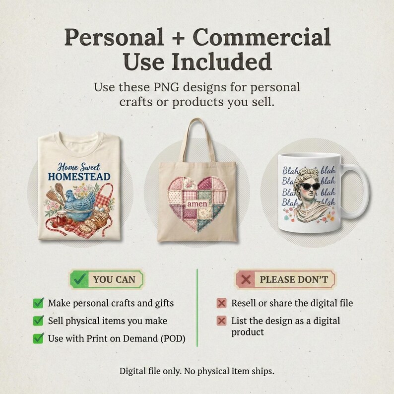 May include: Image featuring a t-shirt, tote bag, and mug with unique designs. The t-shirt displays "Home Sweet Homestead" with a bird and kitchen tools. The tote bag has a heart-shaped patchwork design with the word "amen". The mug features a bust wearing sunglasses with the word "Blah".