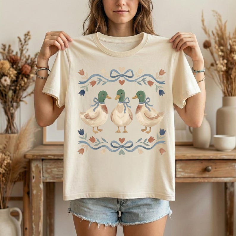 May include: A cream-coloured t-shirt displaying a design of three ducks with green heads and blue bows. The ducks are framed by a blue ribbon with floral and heart accents. The t-shirt is a casual, everyday wear item.