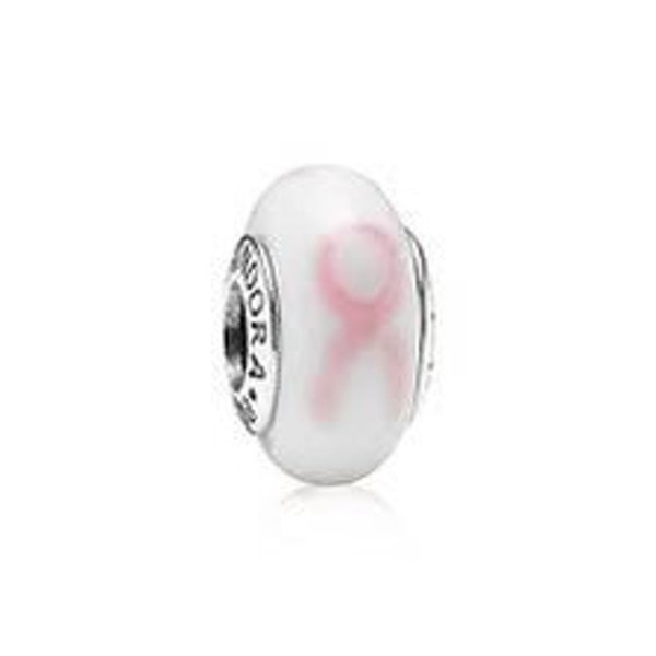 PANDORA Murano Glass Charm Roze lint Wit Borstkanker Onderzoek Kraal Sterling Zilver S925 ALE 790928 Nieuw