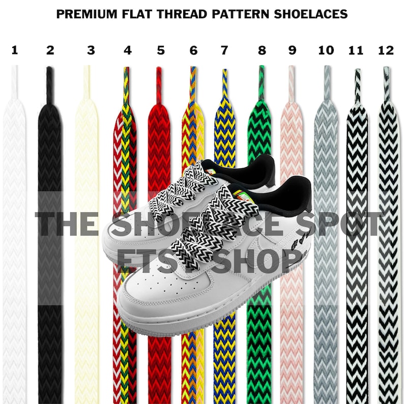 May include: Twelve pairs of flat shoelaces with a chevron pattern in various colors, including black, white, red, yellow, blue, green, pink, and gray. The shoelaces are displayed against a white background with numbers 1 through 12 above each pair. The text "PREMIUM FLAT THREAD PATTERN SHOELACES" is at the top of the image. The text "THE SHOELACE SPOT ETS SHOP" is at the bottom of the image.