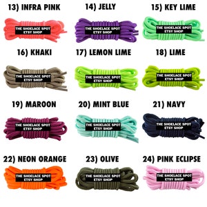 May include: A collection of 12 shoelaces in various colors, including infra pink, jelly, key lime, khaki, lemon lime, lime, maroon, mint blue, navy, neon orange, olive, and pink eclipse. Each shoelace is labeled with the color name and the text "The Shoelace Spot Etsy Shop".
