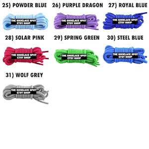 May include: Assortment of shoelaces in various colors, including powder blue, purple dragon, royal blue, solar pink, spring green, steel blue, and wolf grey. Each shoelace is labeled with "The Shoelace Spot Etsy Shop".