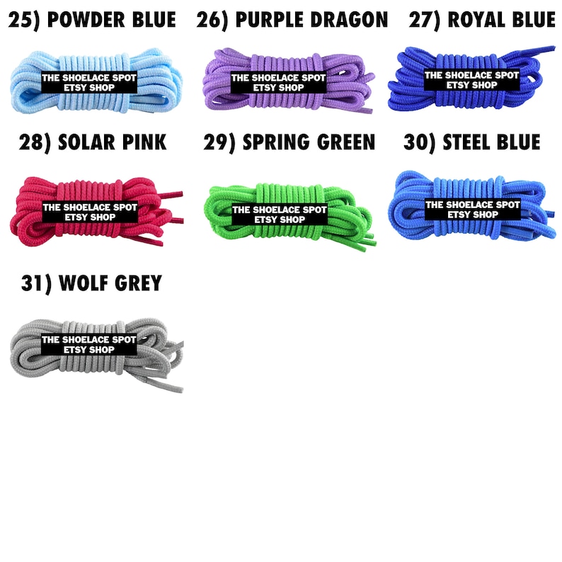 May include: Assortment of shoelaces in various colors, including powder blue, purple dragon, royal blue, solar pink, spring green, steel blue, and wolf grey. Each shoelace is labeled with "The Shoelace Spot Etsy Shop".