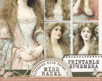 May include: Printable ephemera featuring vintage portraits of a woman with long, wavy hair, in various poses. The images are in soft pastel colors, with text that reads "Tattered Rose Paper Co. Miss Hazel" and "Printable Ephemera". Ideal for junk journals and paper crafts.