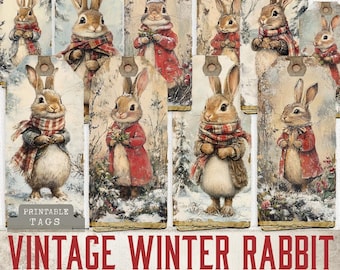Winter Rabbit Junk Journal Tags, Winter Junk Journaling, Junk Journaling Christmas Ephemera, Winter Woodland Rabbit Journal, Christmas Tags