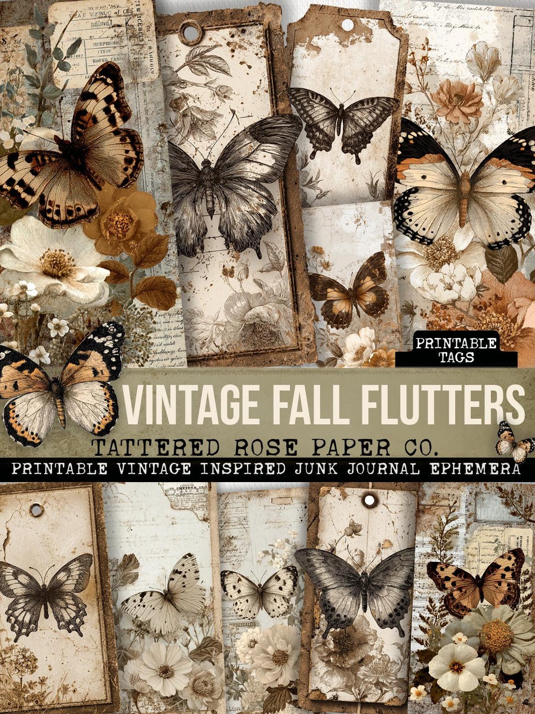 Fall Butterfly Junk Journal Tags: Printable Autumn Ephemera (JPEG Files ...