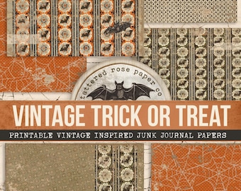 May include: A collage of vintage-style Halloween-themed papers. The papers feature patterns of bats, flowers, and spiderwebs in orange, brown, and cream colors. The text "VINTAGE TRICK OR TREAT" is displayed on a banner.