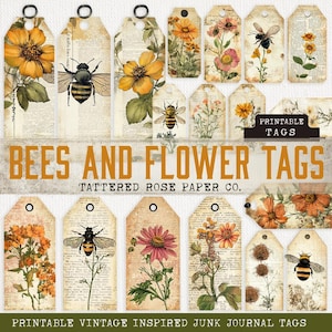 Bees And Flower Tags, Junk Journal Bee Tags, Junk Journaling Printable, Vintage Junk Journal Tags, Bee Junk Journal Ephemera, Floral Tags