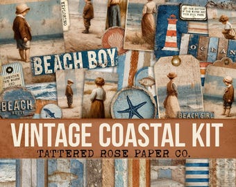 Vintage Coastal Kit, Printable Vintage Beach Ephemera, Junk Journal Coastal, Ocean Junk Journal Digital, Beach Printable Junk Journal Kit