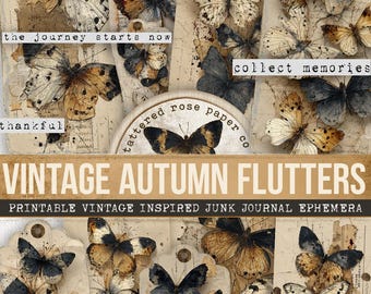 Autumn Flutters Junk Journal Tags, Printable Autumn Ephemera, Fall Butterfly Tags, Mixed Media Tags, Fall Journal Tags, Fall Ephemera