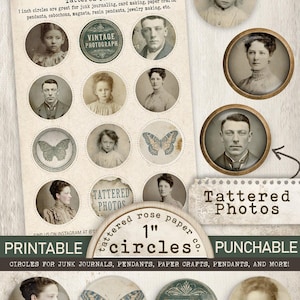Op de afbeelding: Een digitaal collagevel van Tattered Rose Paper Co. met 2,54 cm ronde vintage portretten, vlinderillustraties en tekstlabels. Het vel bevat diverse sepia-getinte foto's van personen en decoratieve grafische elementen.