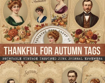 Thankful For Autumn Junk Journal Tags, Printable Autumn Ephemera, Fall Junk Journal Tags, Autumn Junk Journal, Thanksgiving Tags, Digital