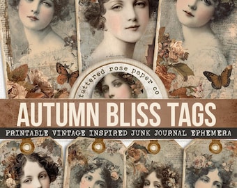 May include: A collection of vintage-inspired tags featuring portraits of women with floral accents and butterflies. The tags have a distressed, aged appearance with the text "Autumn Bliss Tags" and "Printable Vintage Inspired Junk Journal Ephemera".