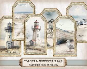 Coastal Moments Ephemera Tags, Printable Vintage Beach Ephemera, Junk Journal Coastal, Ocean Junk Journal Tags, Beach Printable Journal