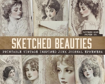 Diario basura Sketched Beauties, imprimibles para diario basura, fotografías vintage para diario basura, efímeras victorianas para diario basura, diario femenino