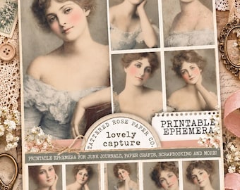May include: A collection of vintage-style portrait images of women printed on a rectangular sheet. The sheet features one large portrait on the left and several smaller portraits arranged in a grid, with the text Tattered Rose Paper Co. lovely capture.