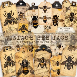 Vintage Bee Tags, Junk Journal Bee Tags, Junk Journaling Printable, Vintage Junk Journal Tags, Bee Junk Journal Ephemera, Bee Fussy Cuts