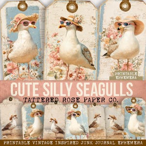 Cute Silly Seagull Ephemera Tags, Printable Vintage Beach Ephemera, Junk Journal Coastal, Ocean Junk Journal Tags, Beach Printable Journal