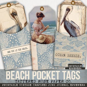 Beach Ephemera Tags, Printable Vintage Beach Ephemera, Junk Journal Coastal, Ocean Junk Journal Tags, Beach Printable Journal, Pocket Tags