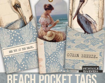 Beach Ephemera Tags, Printable Vintage Beach Ephemera, Junk Journal Coastal, Ocean Junk Journal, Beach Printable Journal, Pocket Tags