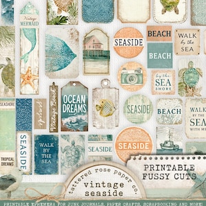 May include: A selection of vintage paper ephemera with a seaside theme. The designs include tags, circles, and rectangles featuring turtles, seashells, fish, and beach scenes. Text elements include "Travel," "Explore," and "Seaside."
