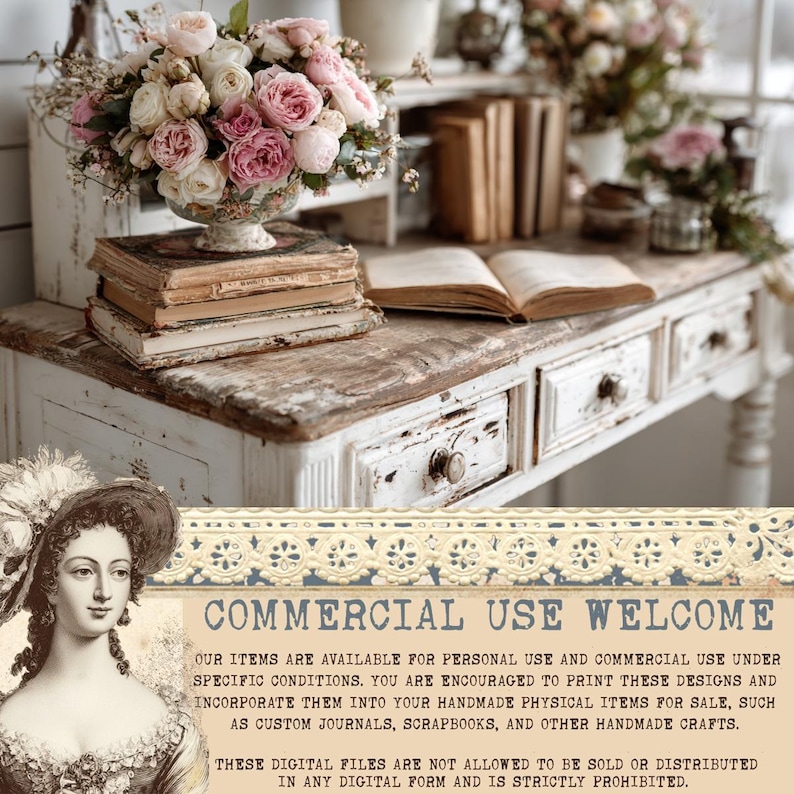 The image is a vintage-style advertisement for a company that sells handmade crafts, featuring a woman's portrait, a stack of books, and a vase of pink roses on a table.