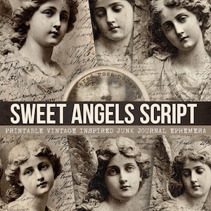 Puede incluir: Un collage con imágenes de ángeles vintage con superposiciones de guiones. El texto central dice "SWEET ANGELS SCRIPT", con texto adicional que indica que es efímera de diario basura de inspiración vintage imprimible. Los ángeles tienen rasgos faciales detallados.