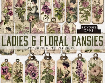Mesdames et pensées florales, étiquettes de journal indésirable, journal indésirable floral, étiquettes de journal indésirable imprimable, vintage, fleurs éphémères de journal