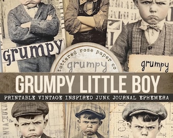 May include: A sepia-toned collage featuring six vintage images of a grumpy little boy wearing a newsboy cap and various outfits. The word "Grumpy" appears in multiple places. The text "GRUMPY LITTLE BOY" and "PRINTABLE VINTAGE INSPIRED JUNK JOURNAL EPHEMERA" are also visible.